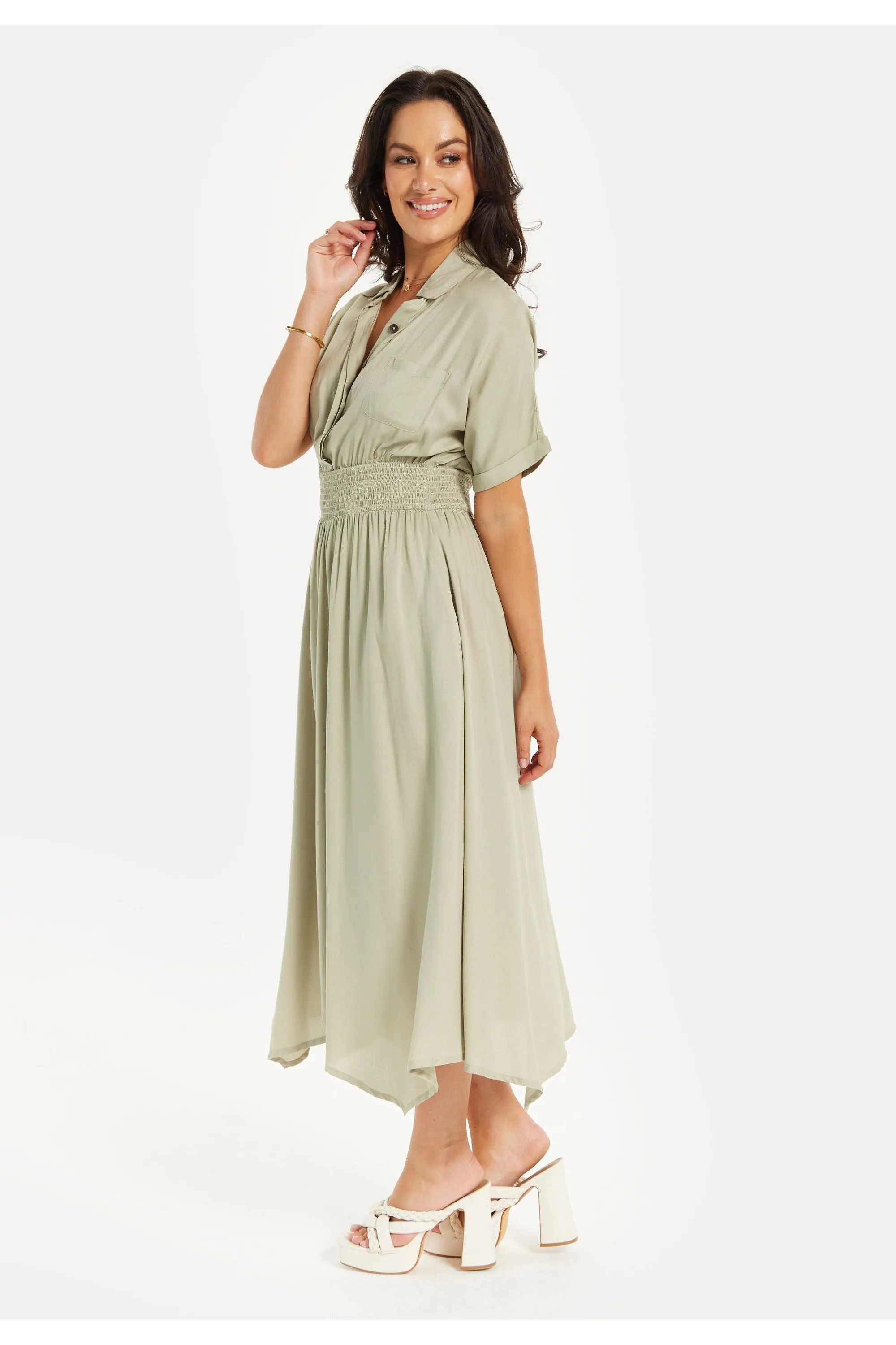 Liquorish Khaki Elasticated Waist Shirt Dress sold by Goddiva product image thumbnail 4