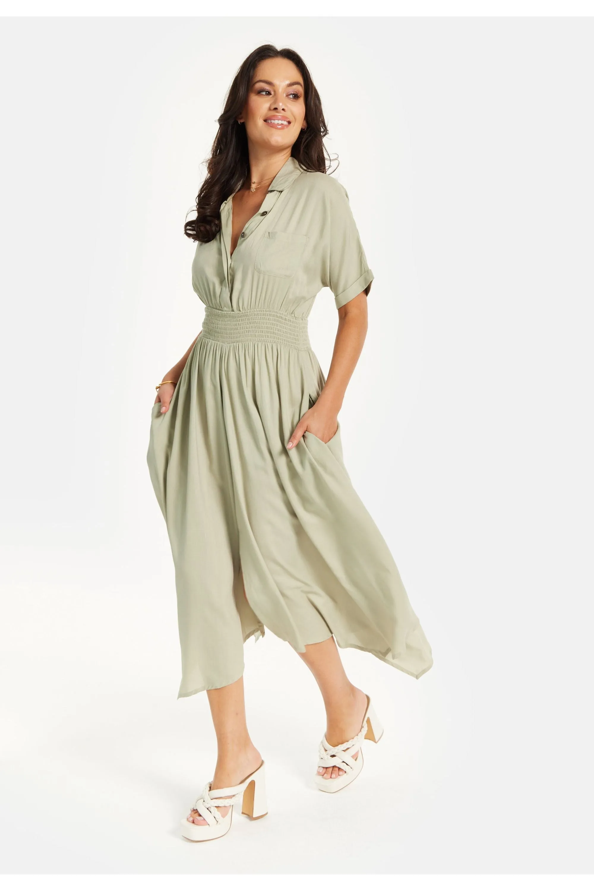 Liquorish Khaki Elasticated Waist Shirt Dress sold by Goddiva