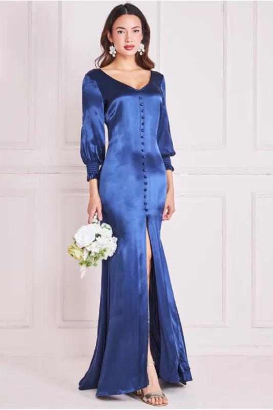 Satin Viscose Front Split Maxi - Navy by Goddiva sold by Goddiva