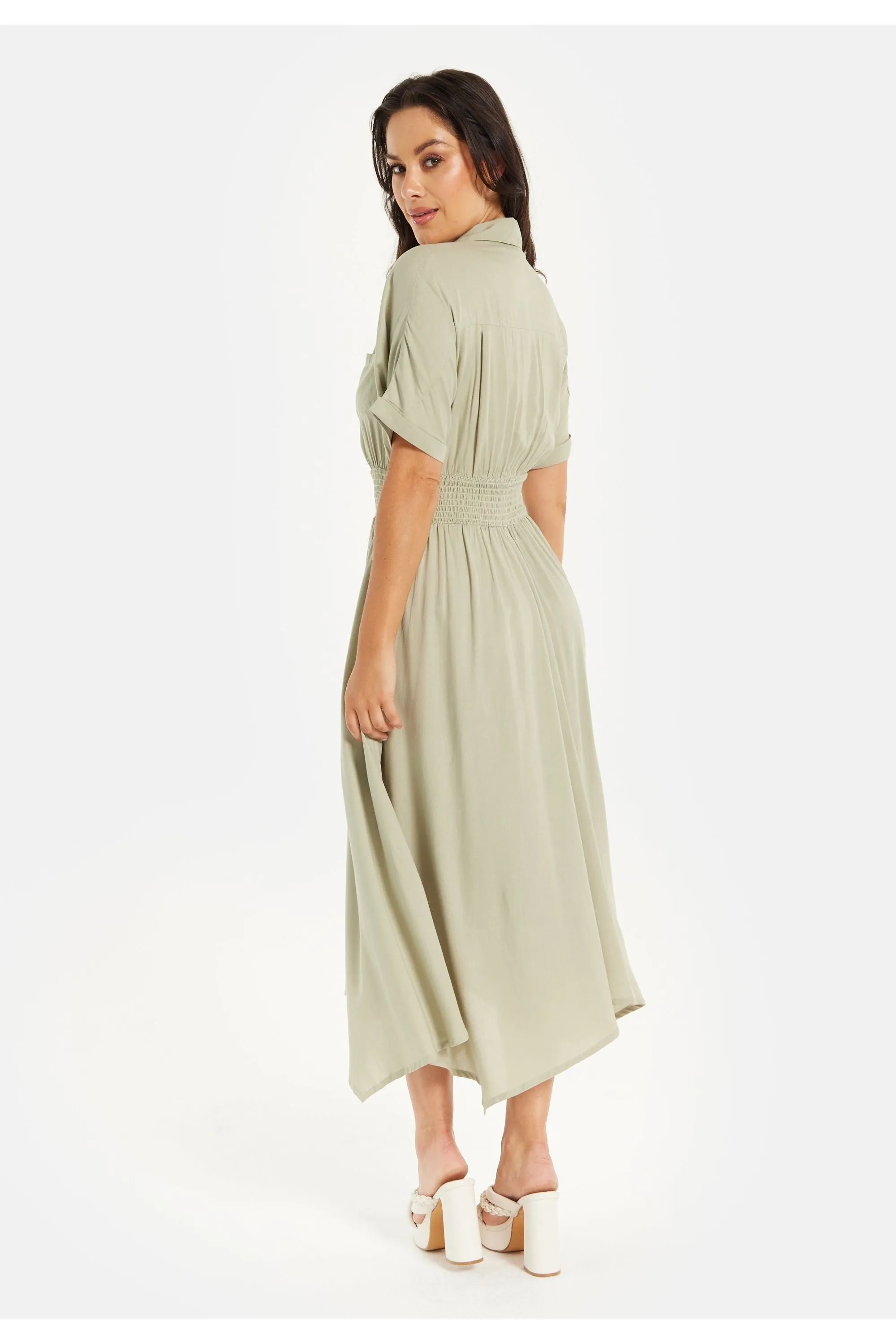 Liquorish Khaki Elasticated Waist Shirt Dress sold by Goddiva product image thumbnail 5