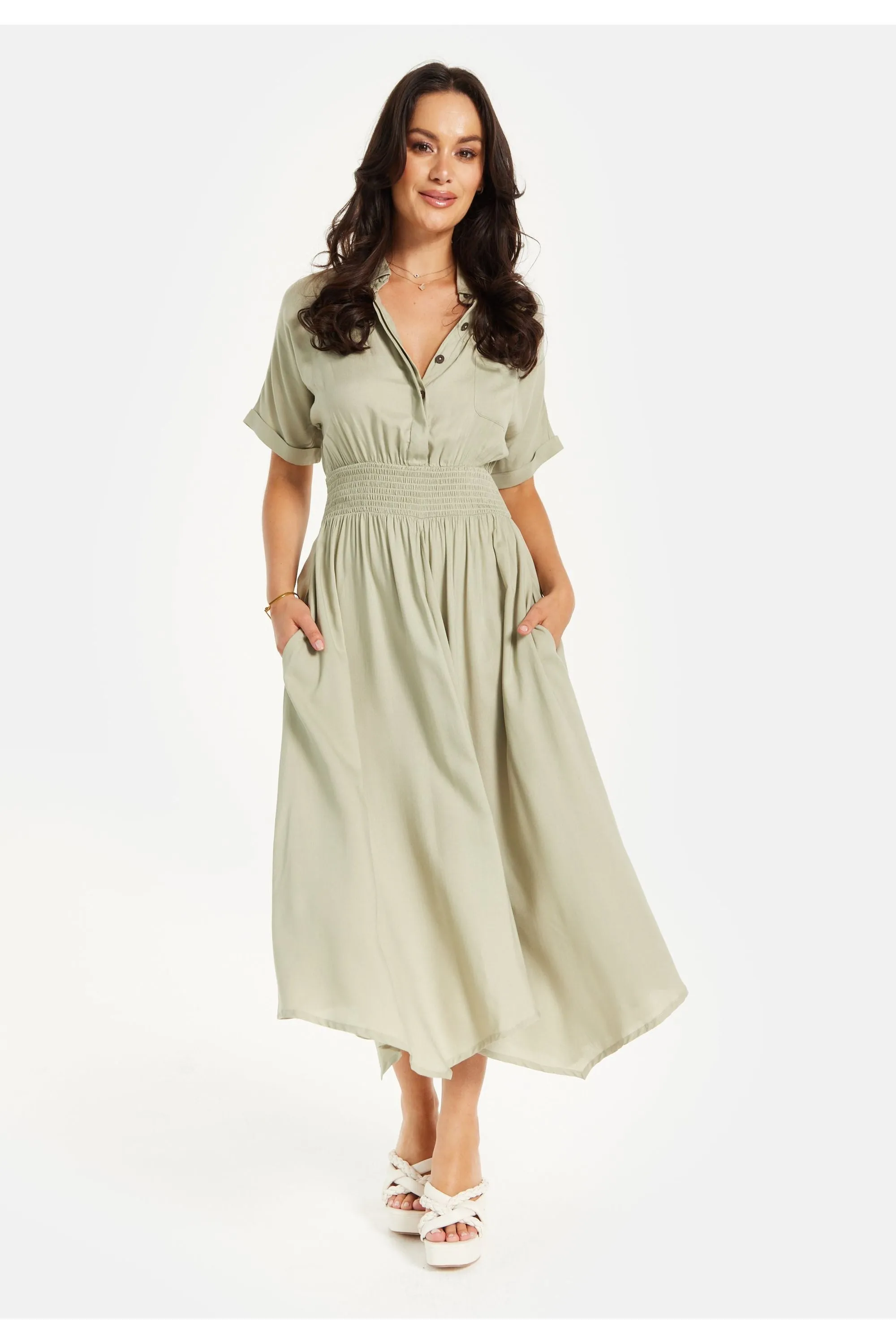 Liquorish Khaki Elasticated Waist Shirt Dress sold by Goddiva product image thumbnail 2
