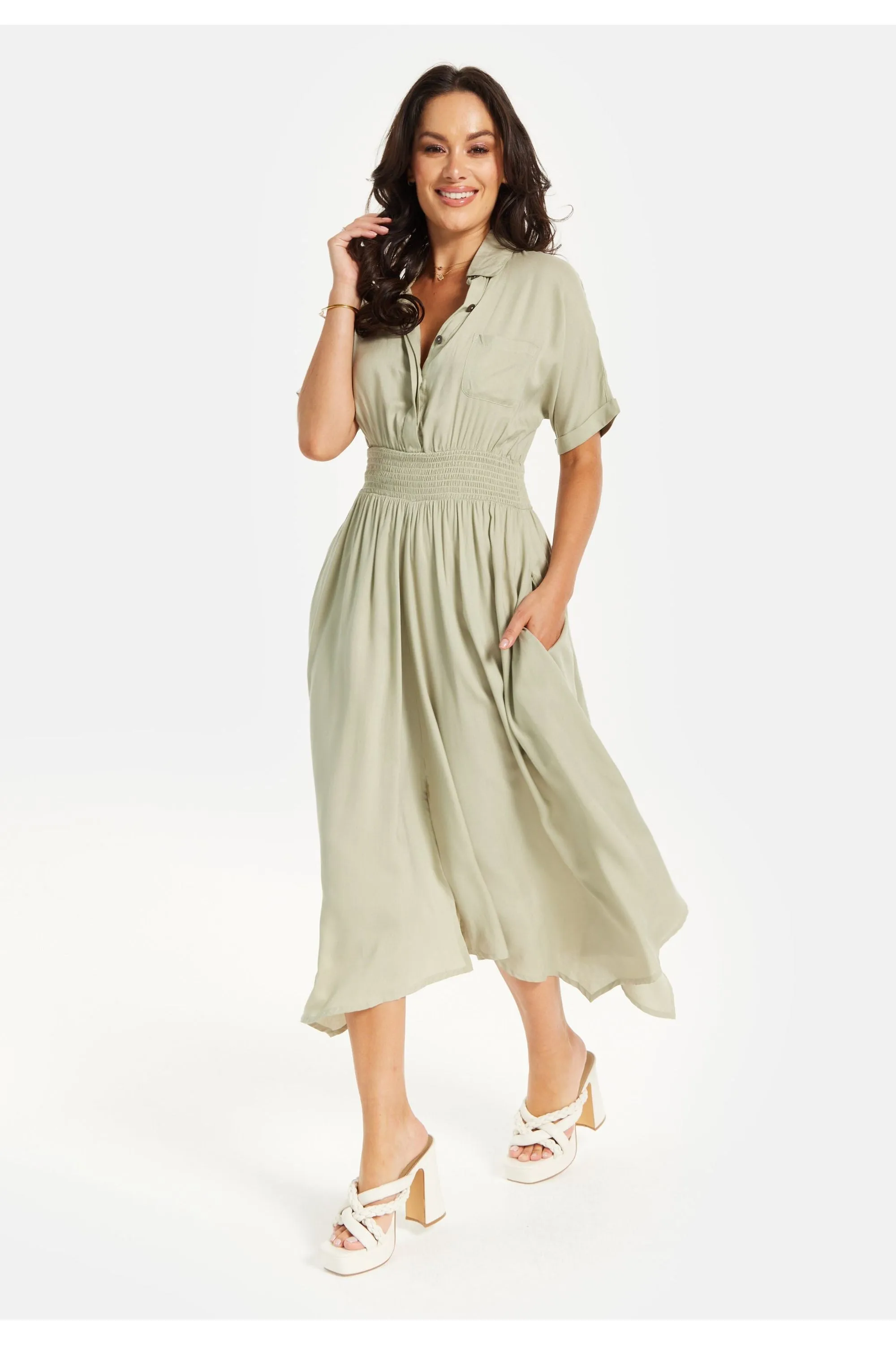 Liquorish Khaki Elasticated Waist Shirt Dress sold by Goddiva product image thumbnail 3