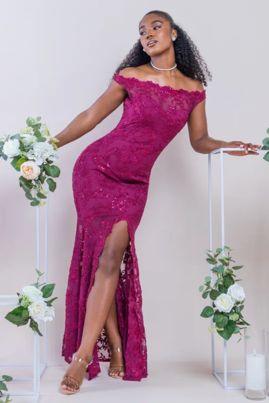 Lace Scallop Edge Mermaid Maxi Dress - Burgundy by Goddiva sold by Goddiva