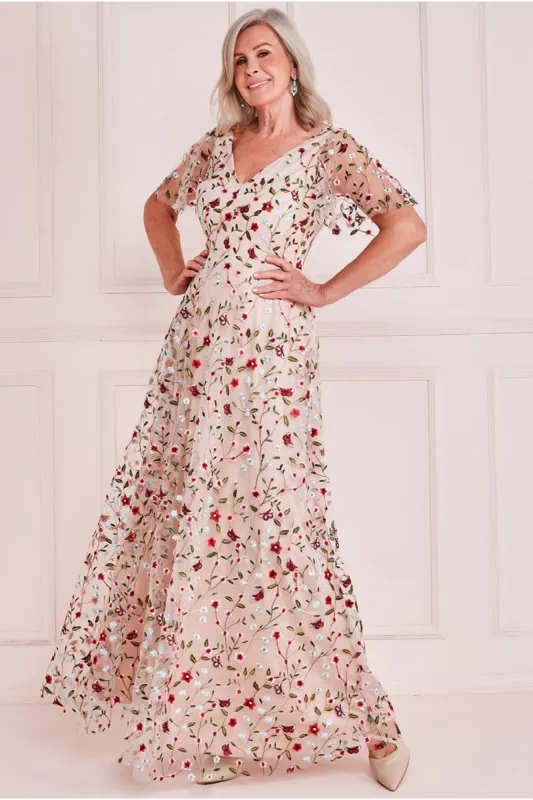 Short Sleeve Embroidered Floral Maxi - Nude by Goddiva sold by Goddiva
