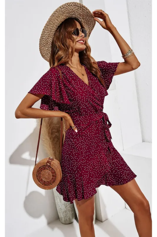 FS Collection Dot Print Wrap Top Dress In Wine made by Goddiva