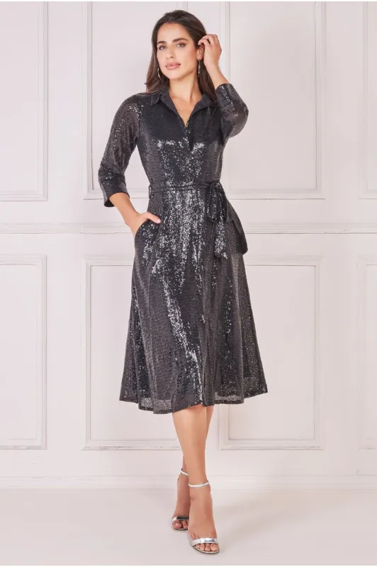 Sequin Skater Shirt Dress - Black by Goddiva sold by Goddiva