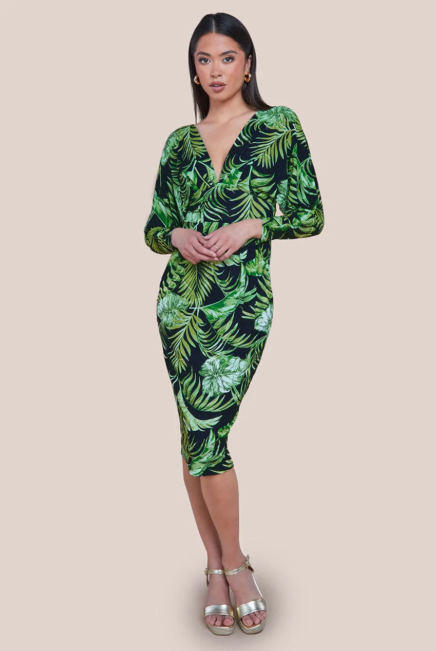 Tropical Print Midi With Batwing Sleeves - Green by Goddiva sold by Goddiva
