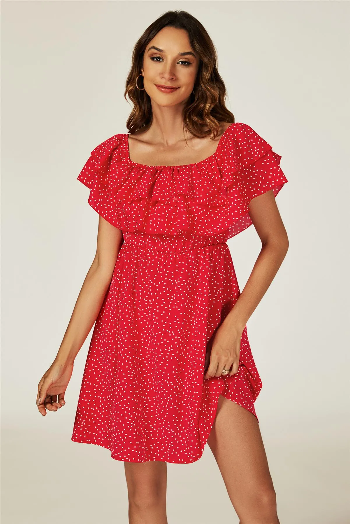 FS Collection Polka Dot Bardot Frill Mini Dress In Red sold by Goddiva product image thumbnail 3