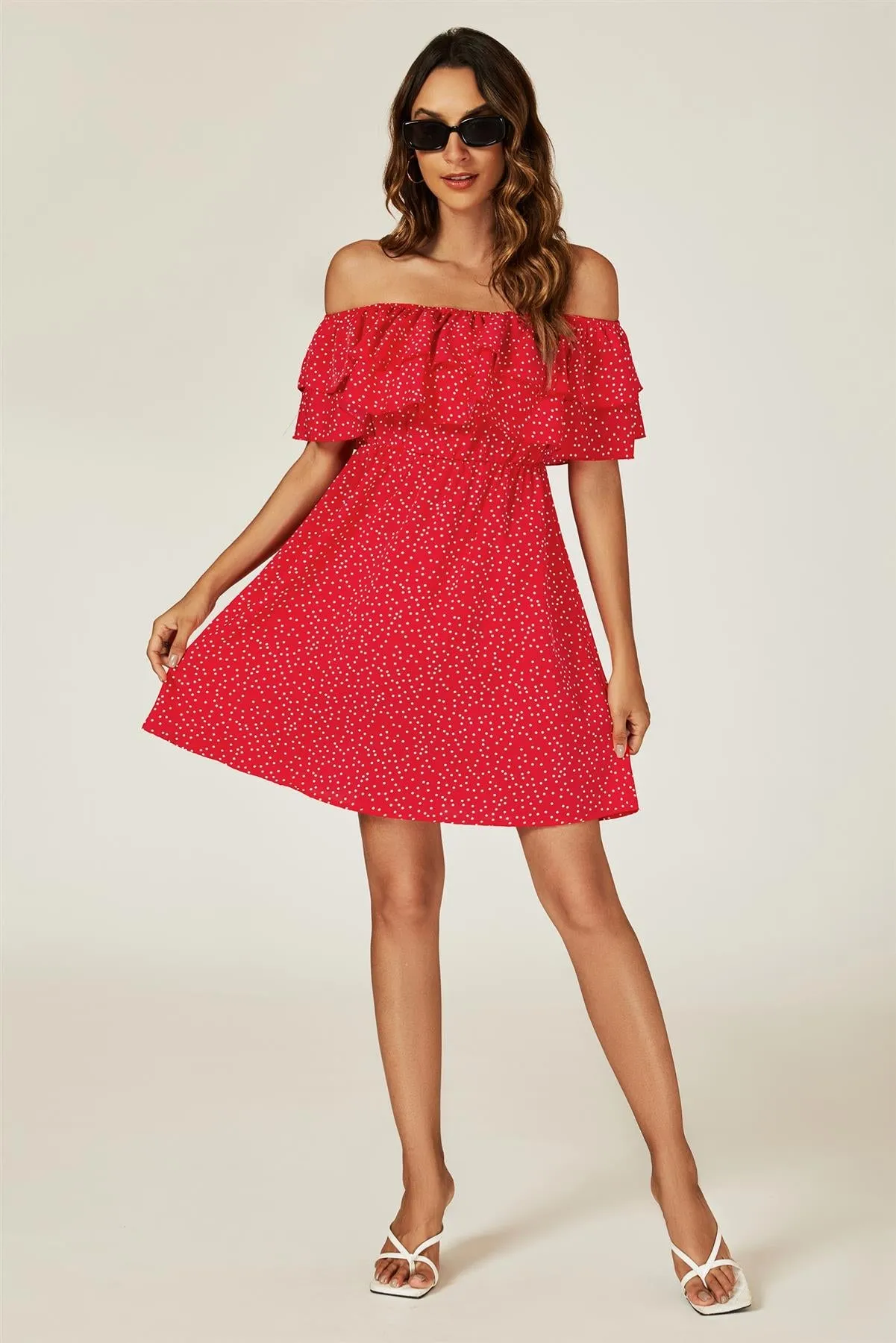 FS Collection Polka Dot Bardot Frill Mini Dress In Red sold by Goddiva product image thumbnail 4