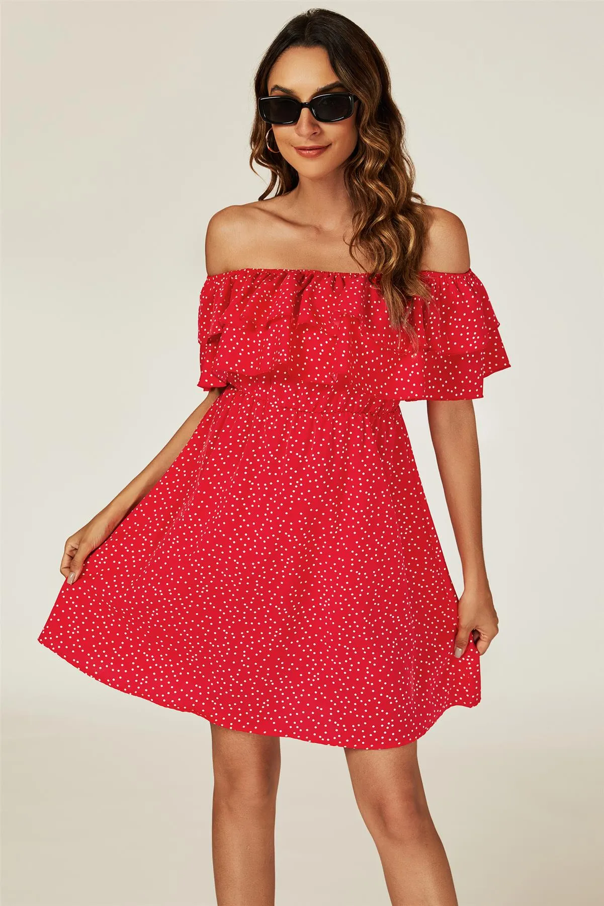 FS Collection Polka Dot Bardot Frill Mini Dress In Red sold by Goddiva