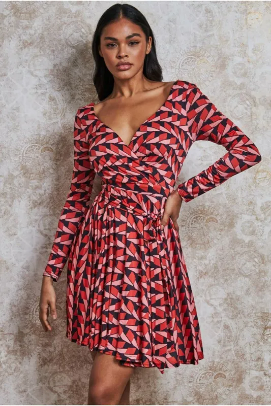 Goddiva Wrap Style Mini Dress - Geoprint sold by Goddiva