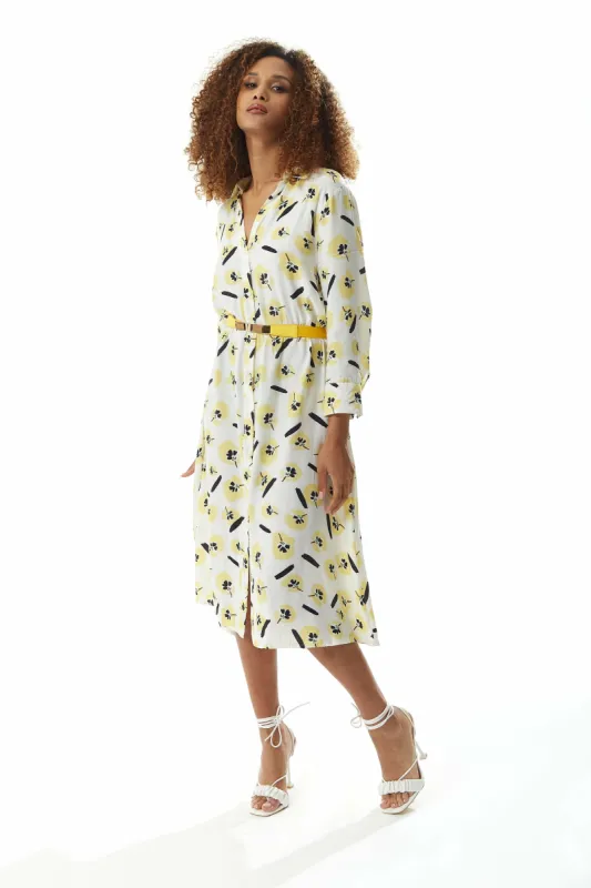 Liquorish Yellow Floral Midi Shirt Dress In White With Belt sold by Goddiva