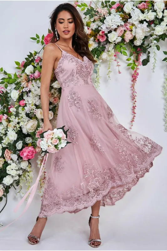 Goddiva High Low Scalloped Midi Dress - Blush sold by Goddiva