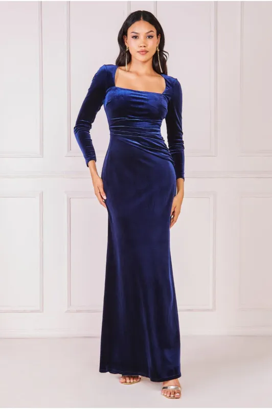Goddiva Square Neck Gathered Waist Velvet Maxi - Navy sold by Goddiva
