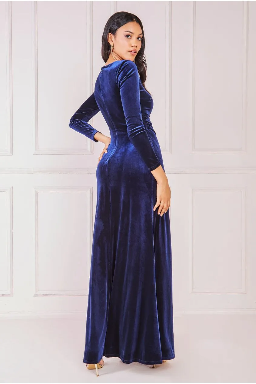 Goddiva Square Neck Gathered Waist Velvet Maxi - Navy sold by Goddiva product image thumbnail 2