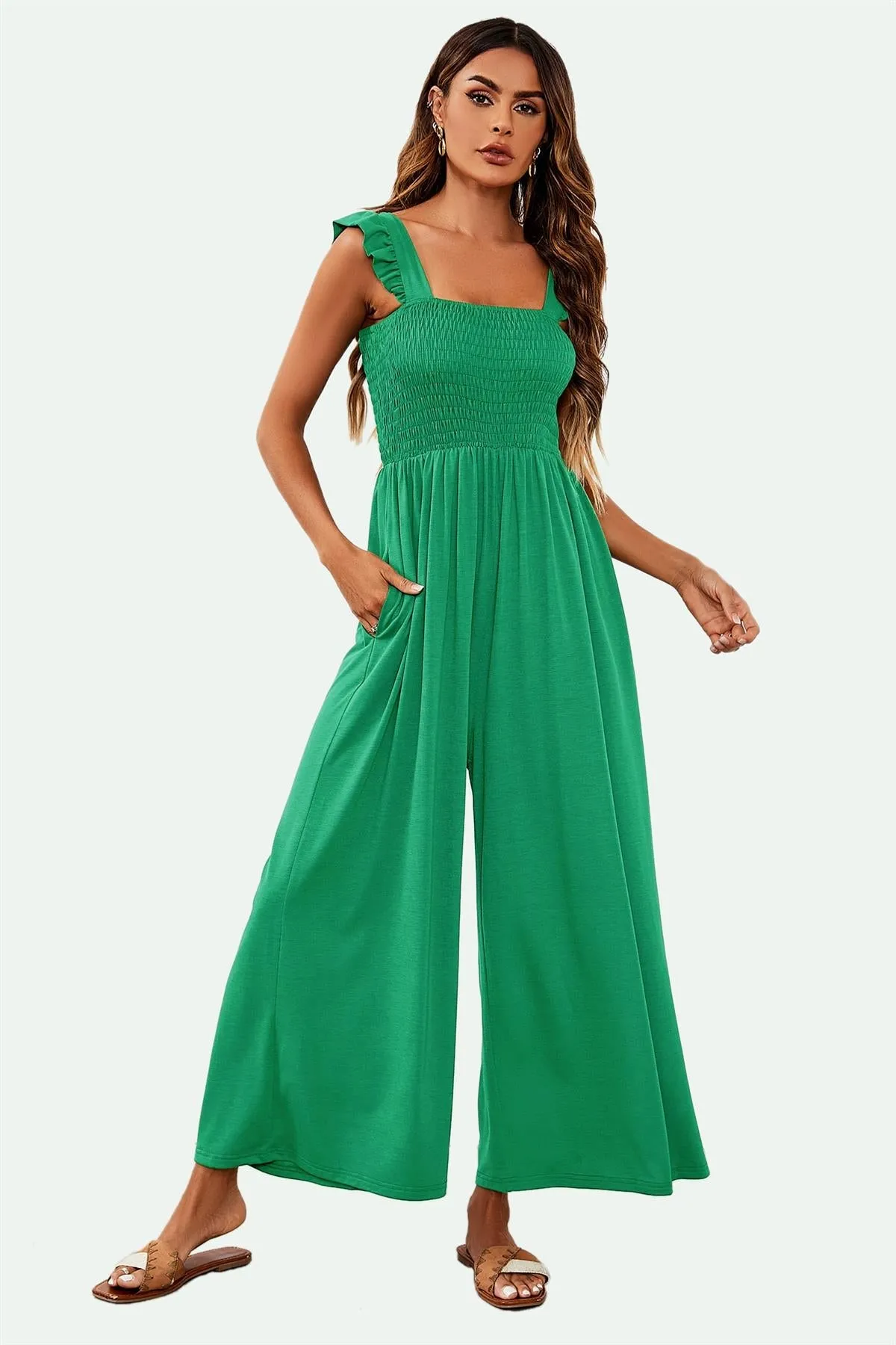 FS Collection Frill Detail Strappy Jumpsuit In Green sold by Goddiva