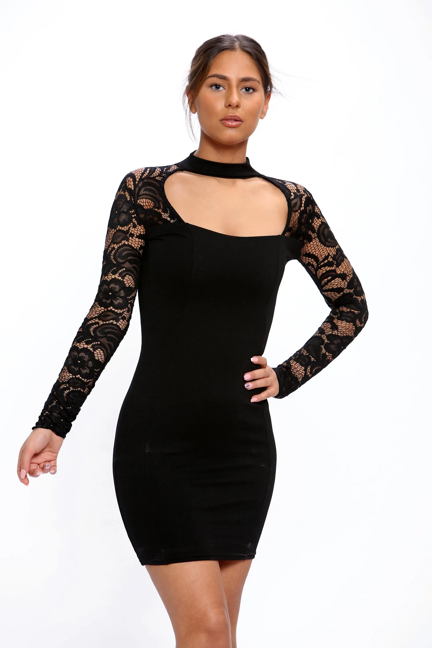 Avinci High Neck Cut Out Lace Long Sleeves Mini Dress sold by Goddiva product image thumbnail 4