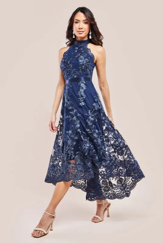 Halter Neck Lace High And Low Dress - Navy Blue by Goddiva sold by Goddiva