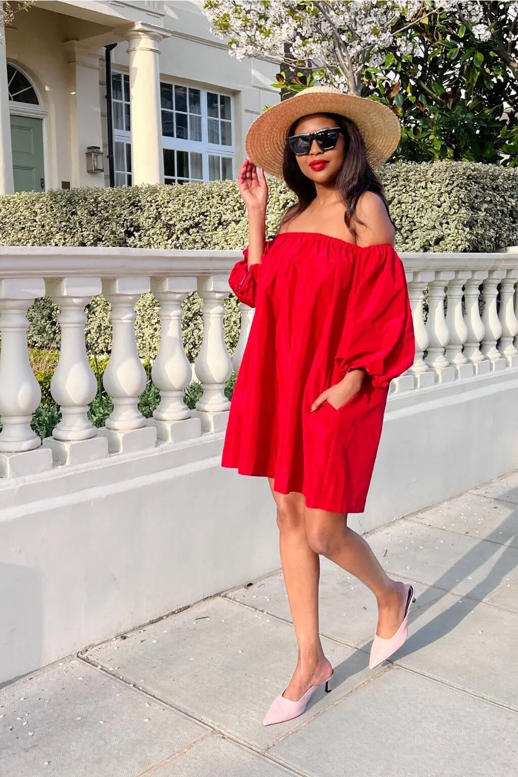 SETSOFRAN London Red Off Shoulder Dress sold by Goddiva