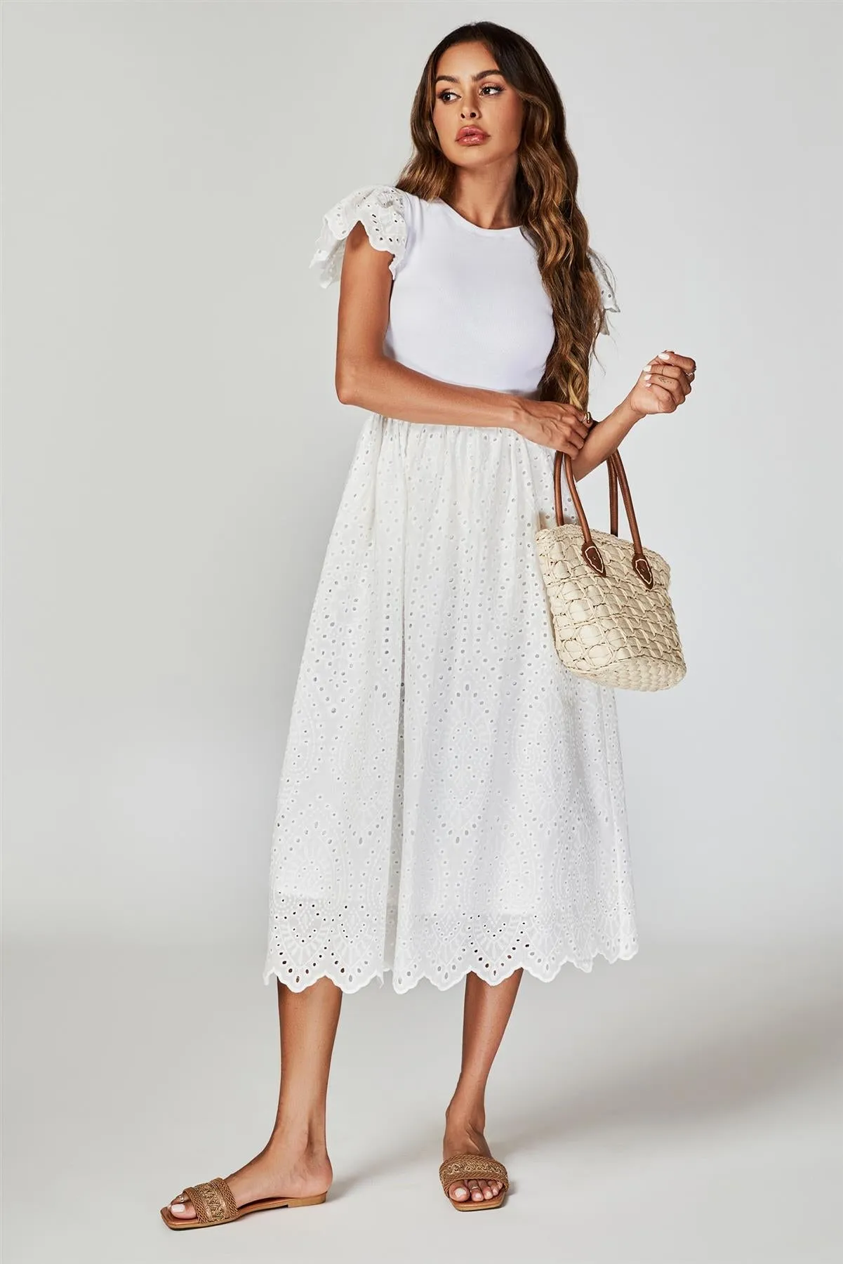 FS Collection Jersey Broderie Midi Dress In White sold by Goddiva