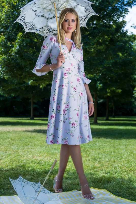 Floral Printed Flared Sleeve Midi - Lilac by Goddiva sold by Goddiva
