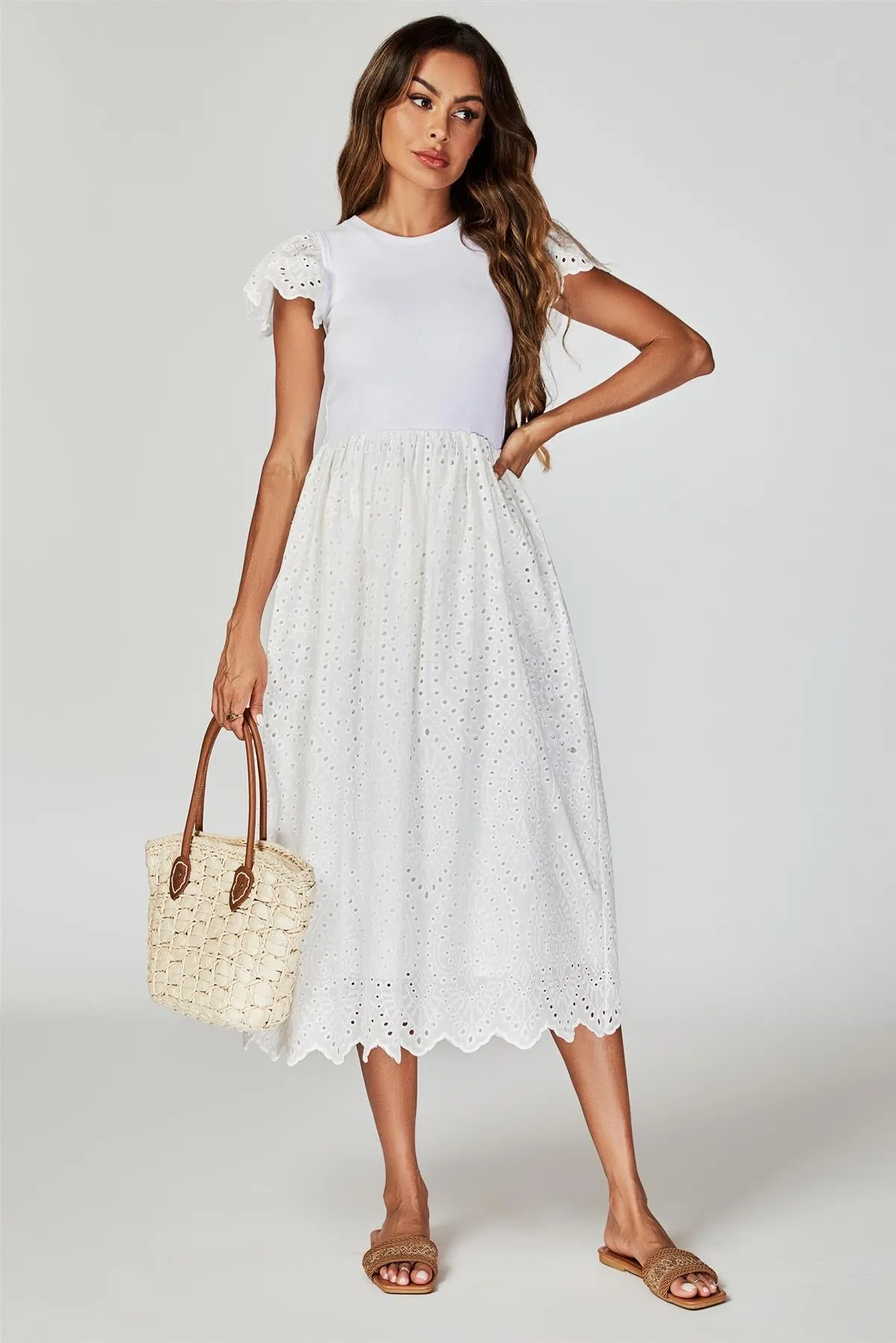 FS Collection Jersey Broderie Midi Dress In White sold by Goddiva product image thumbnail 5