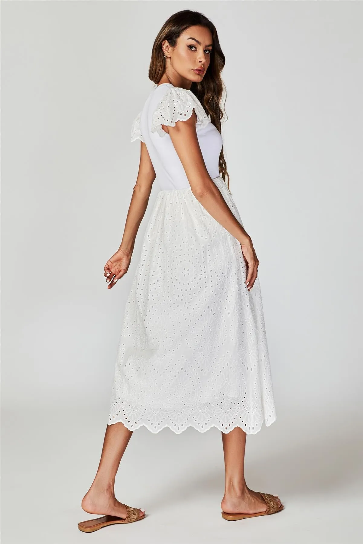 FS Collection Jersey Broderie Midi Dress In White sold by Goddiva product image thumbnail 2