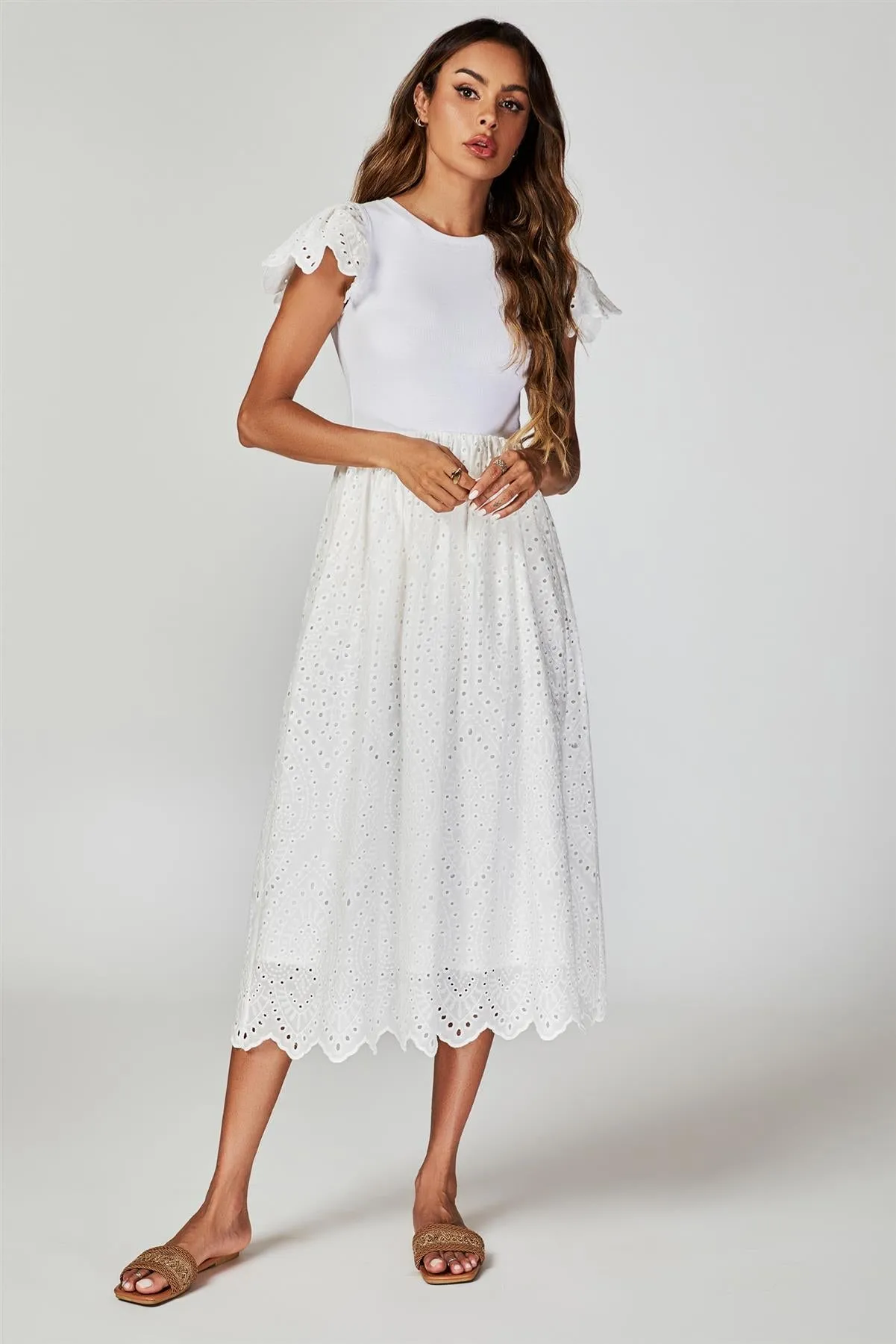 FS Collection Jersey Broderie Midi Dress In White sold by Goddiva product image thumbnail 3