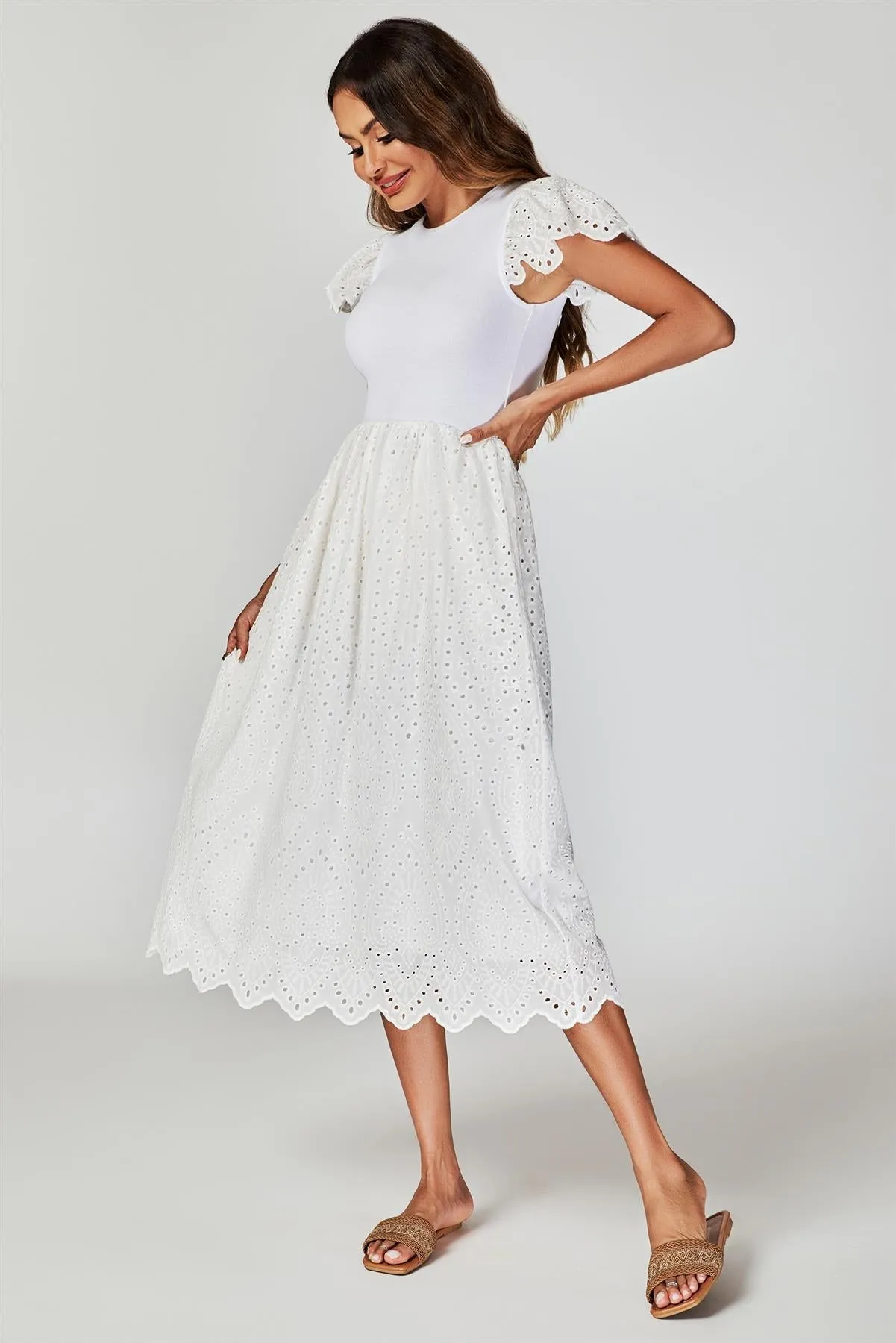 FS Collection Jersey Broderie Midi Dress In White sold by Goddiva product image thumbnail 4