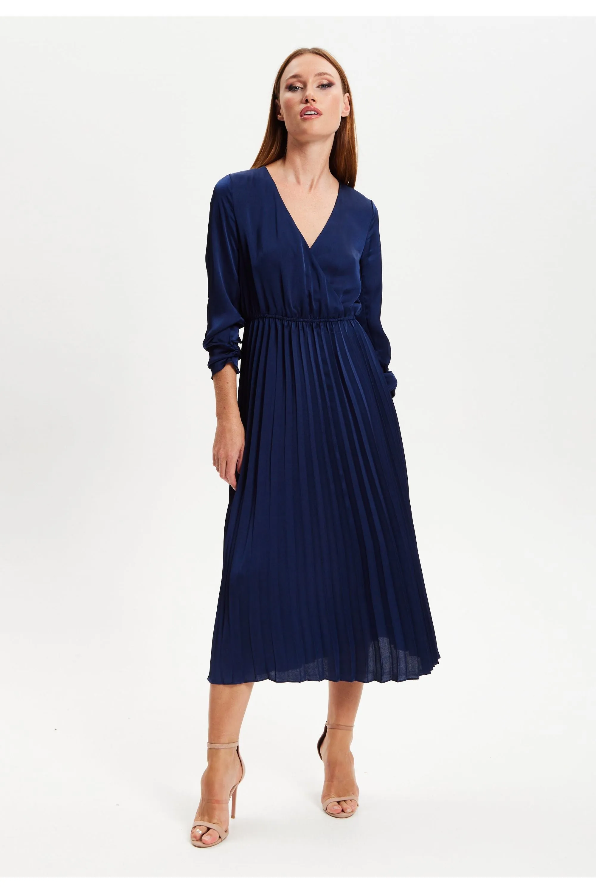 Navy Midi Dress With Pleat Details by Liquorish sold by Goddiva