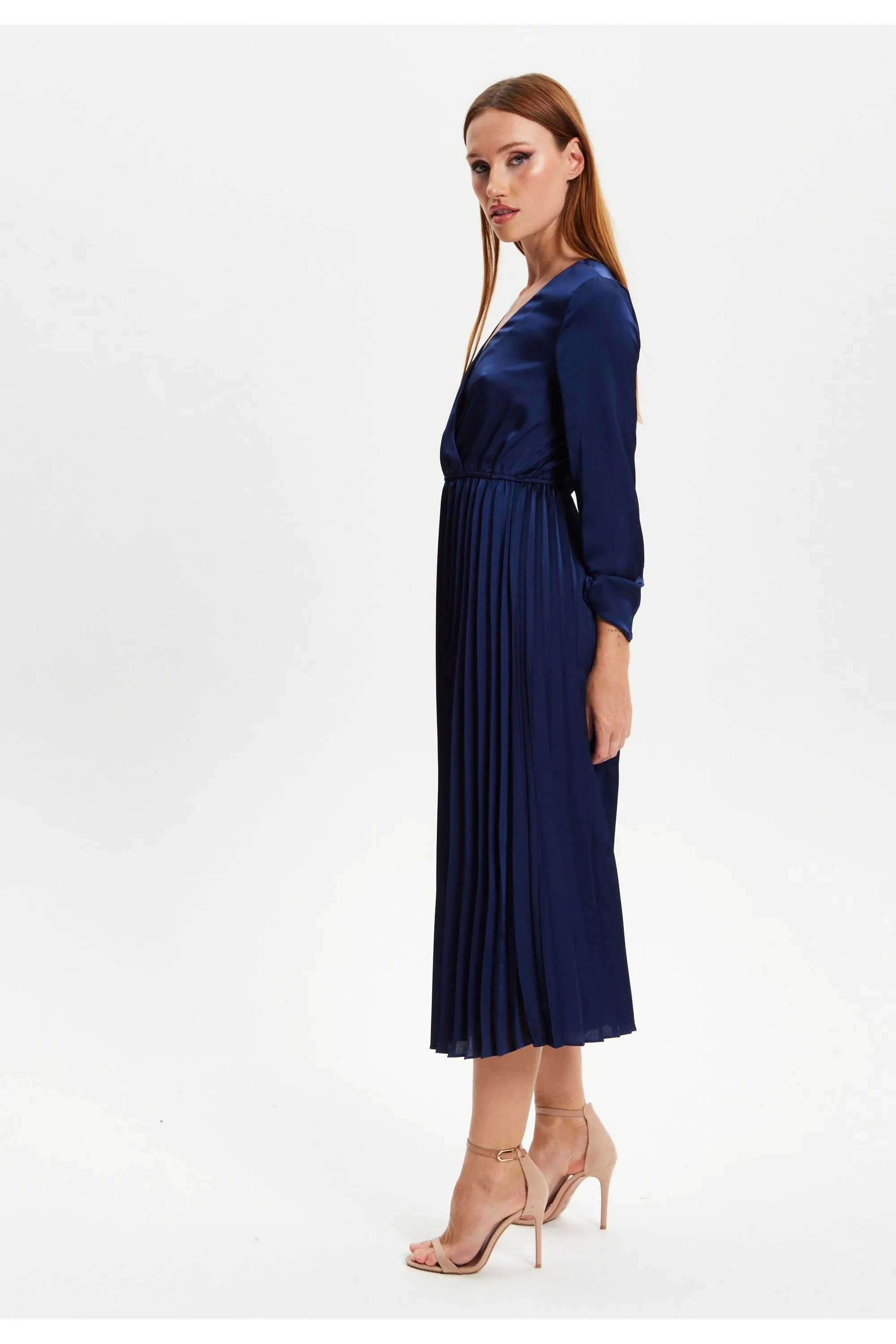 Navy Midi Dress With Pleat Details by Liquorish sold by Goddiva product image thumbnail 4