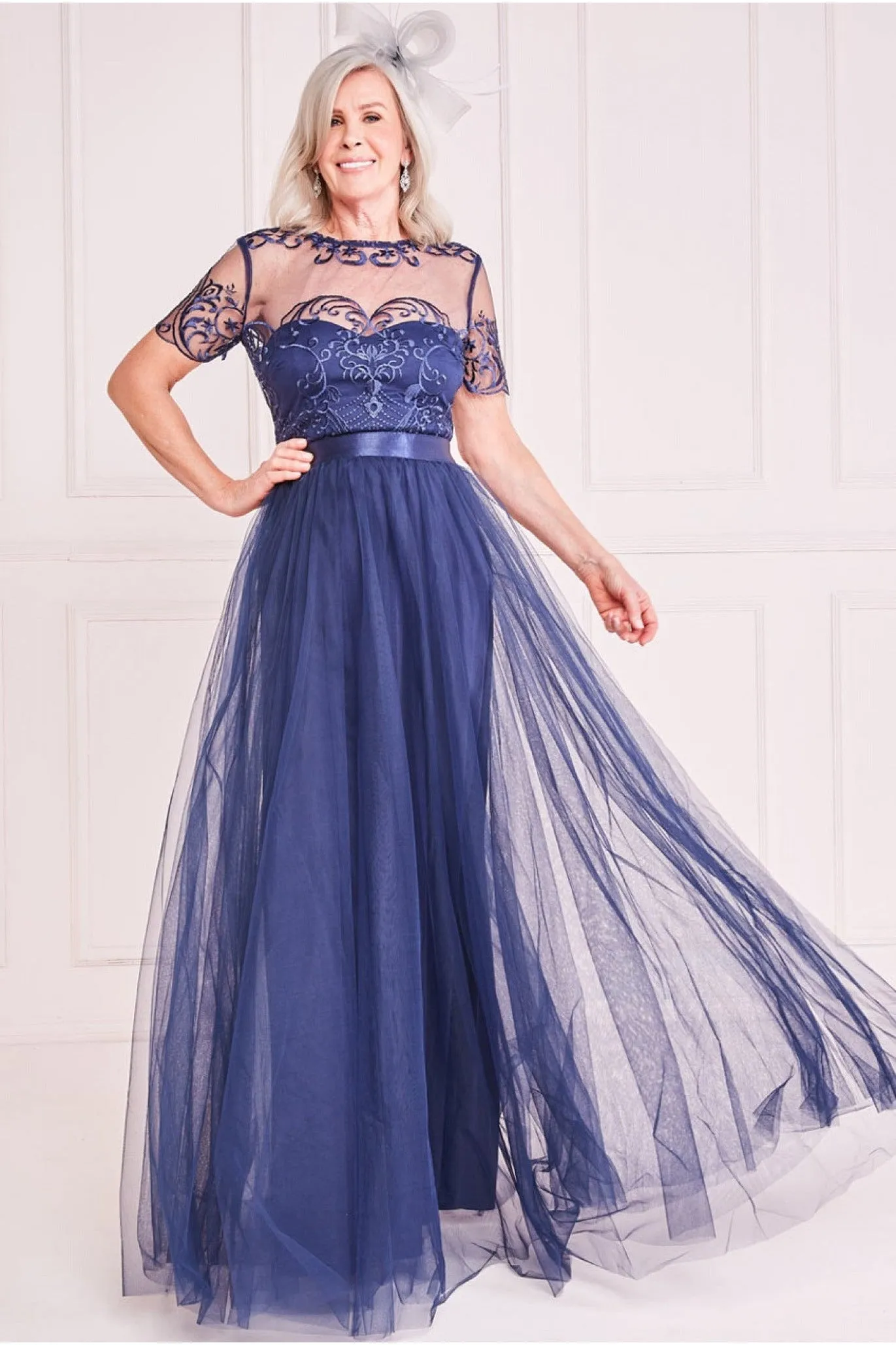 Mesh Embroidered Maxi Dress - Navy by Goddiva sold by Goddiva