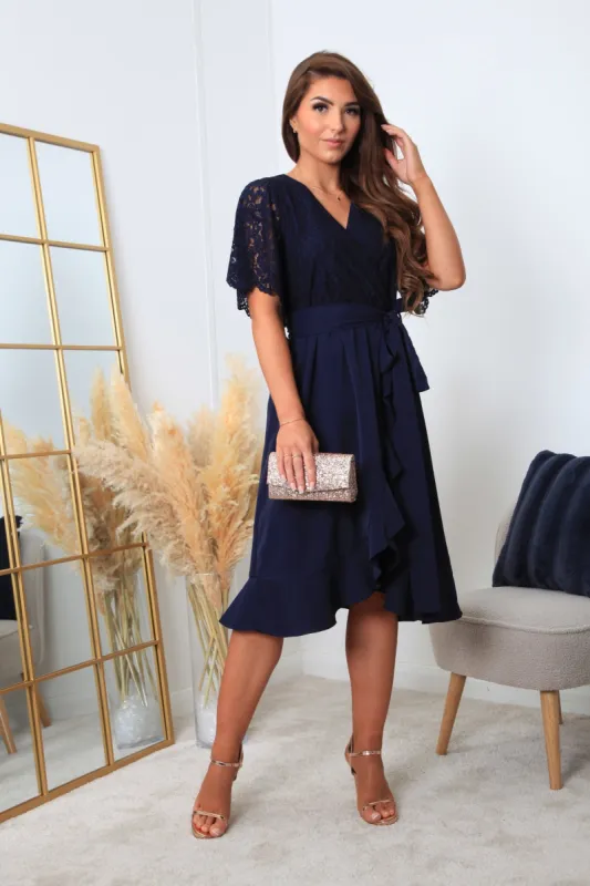 Navy Wrap Lace Dress With Frill Hem by Double Second sold by Goddiva