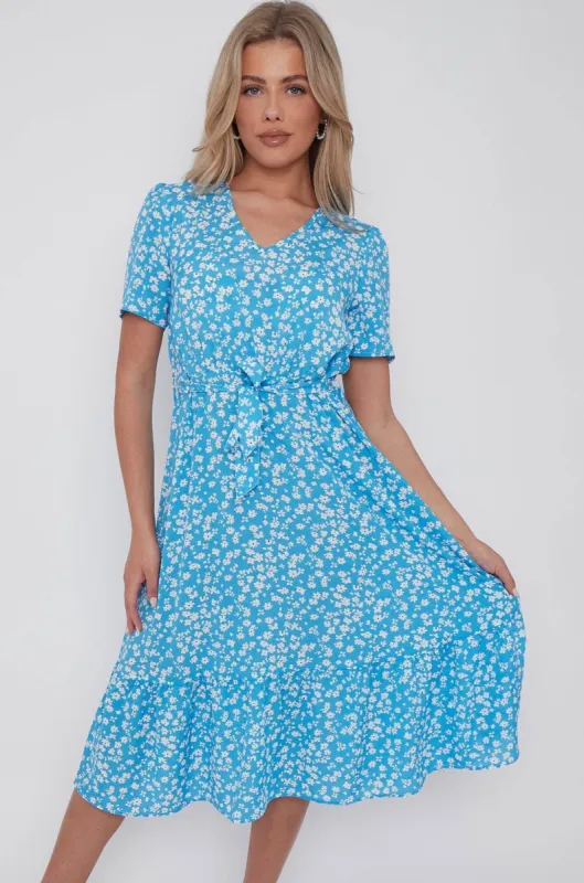 Blue Floral Print V Neck Frilled Hem Midi Dress by LOVE SUNSHINE sold by Goddiva