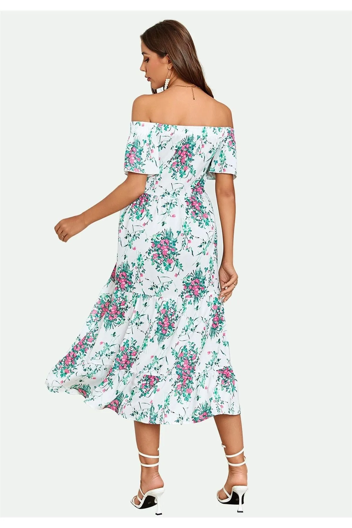 FS Collection Floral Print Relaxed Bardot Midi Dress In White sold by Goddiva product image thumbnail 4