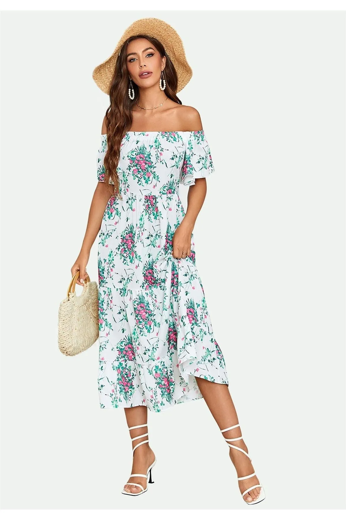 FS Collection Floral Print Relaxed Bardot Midi Dress In White sold by Goddiva