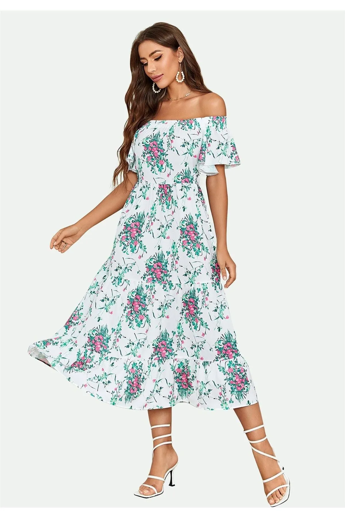 FS Collection Floral Print Relaxed Bardot Midi Dress In White sold by Goddiva product image thumbnail 2