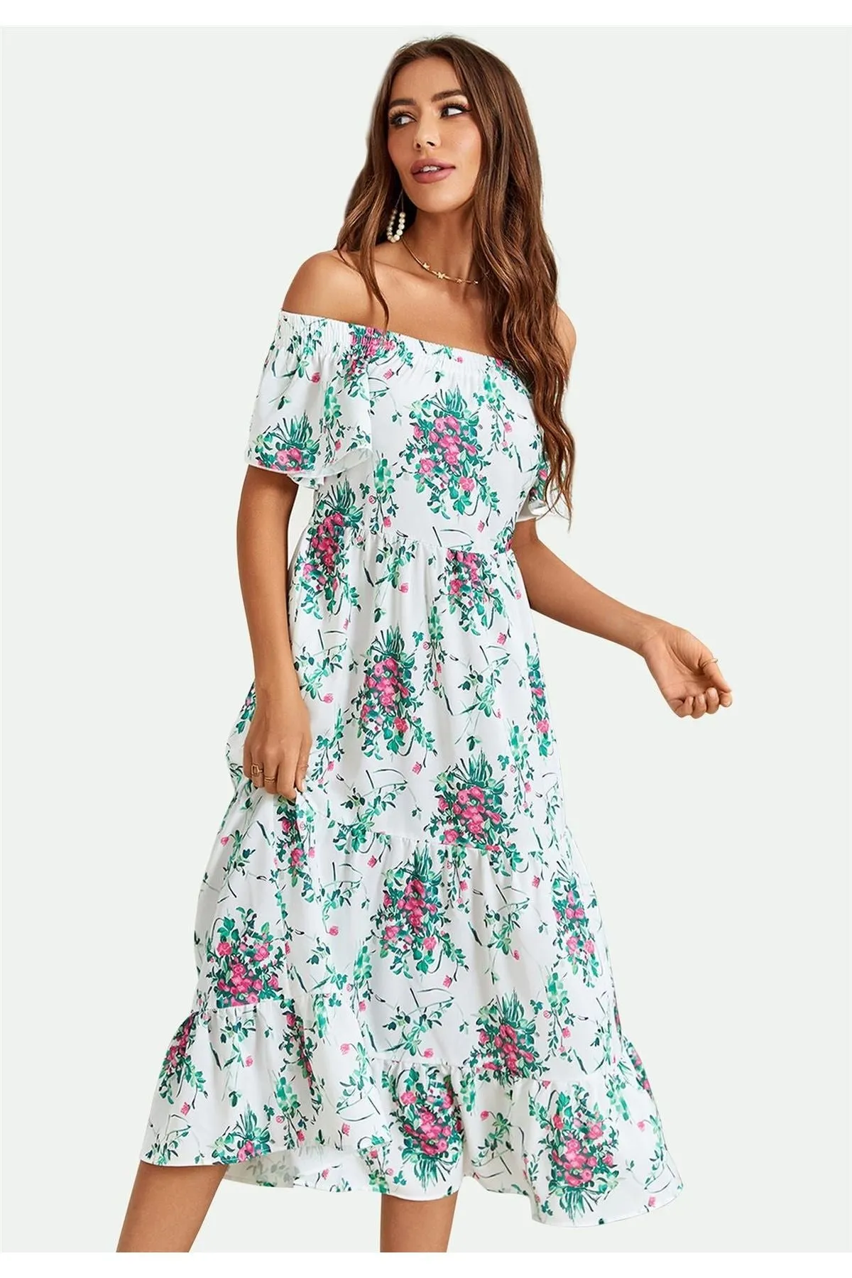 FS Collection Floral Print Relaxed Bardot Midi Dress In White sold by Goddiva product image thumbnail 3