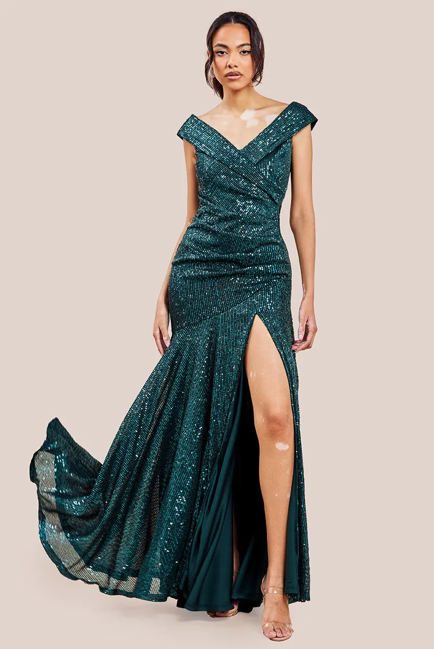 Bardot Sequin Pleated Maxi Dress - Emerald Green by Goddiva sold by Goddiva