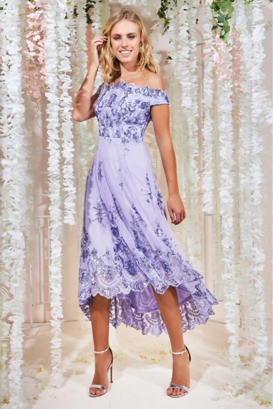 Goddiva Bardot Sequin & Lace High Low Midi - Lilac sold by Goddiva