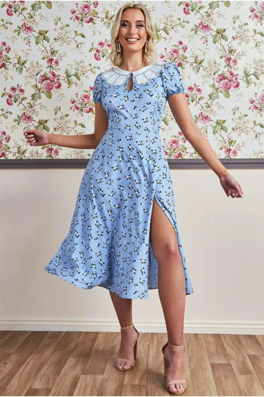 Printed Midi With Front Split - Powder Blue by Goddiva sold by Goddiva