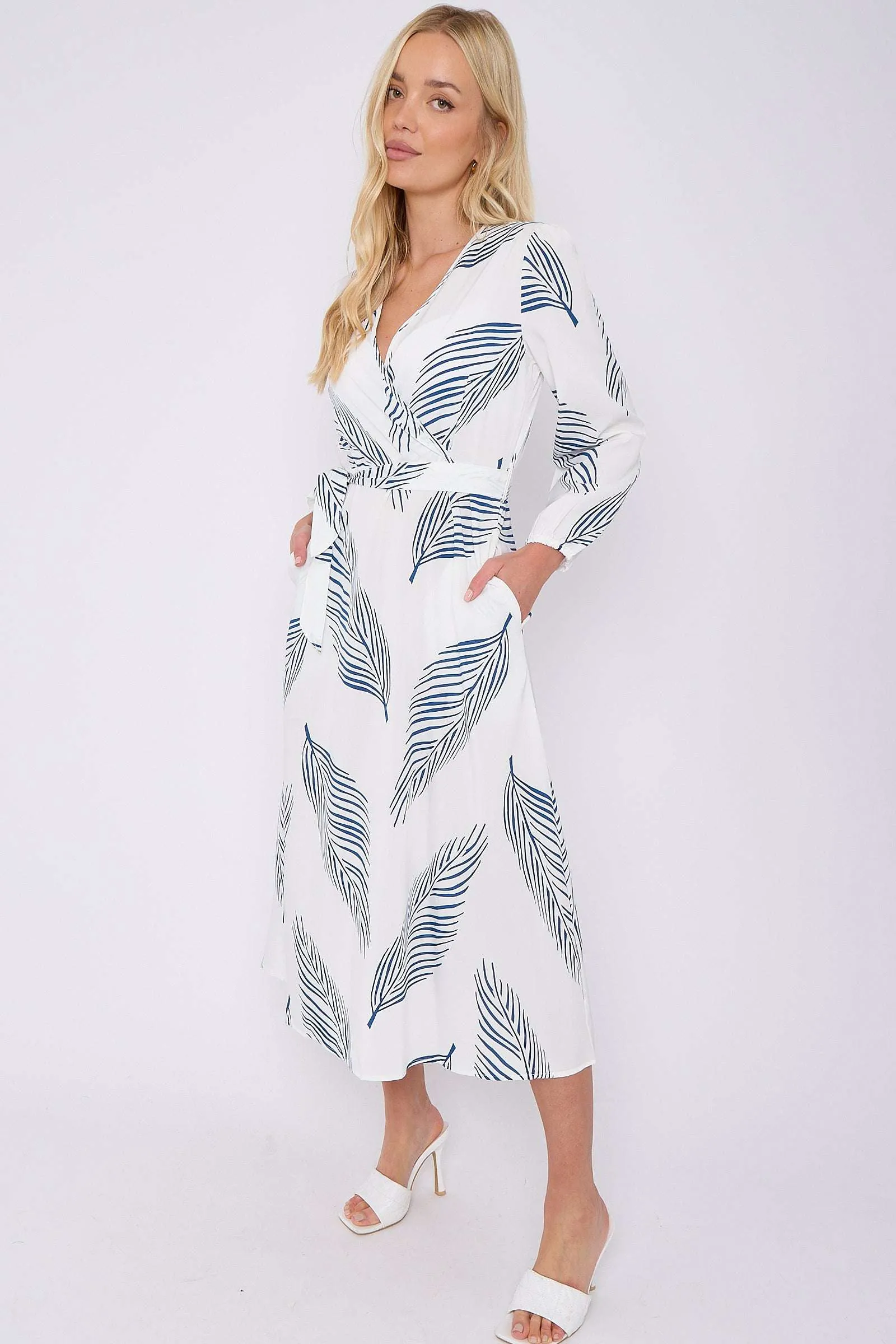 White Plam Leaf Printed V Neck Midi Dress by LOVE SUNSHINE sold by Goddiva product image thumbnail 5