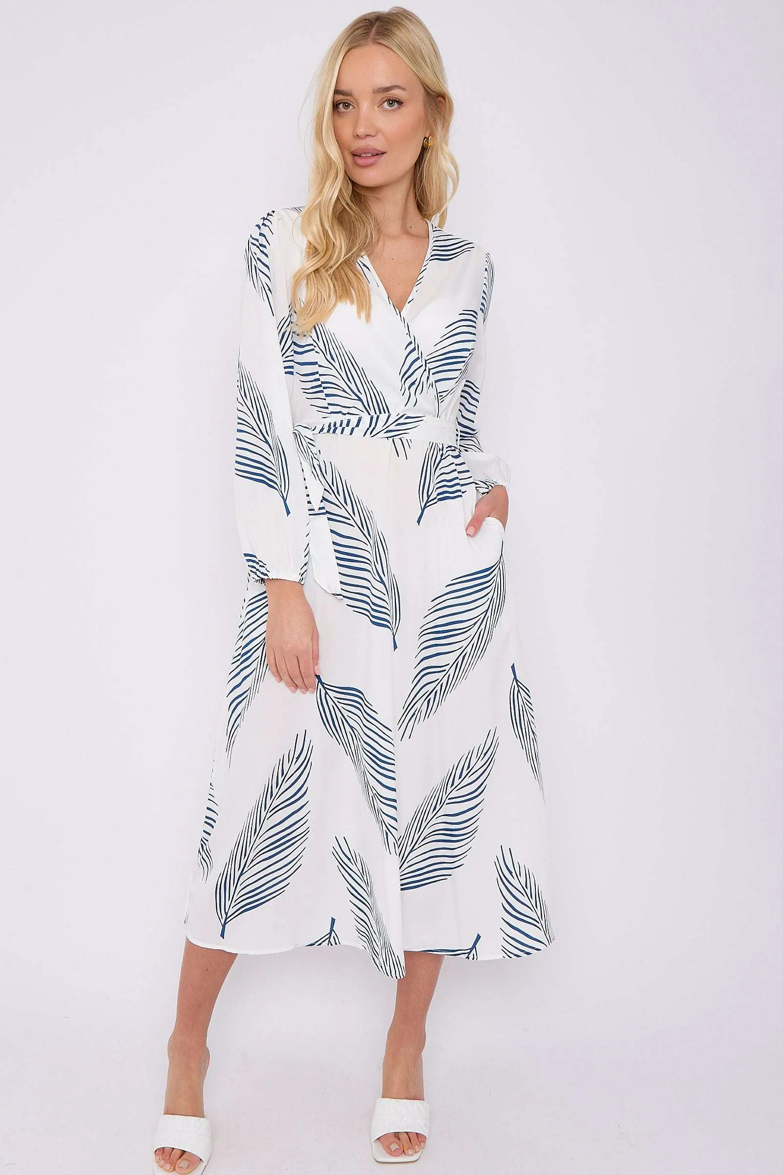 White Plam Leaf Printed V Neck Midi Dress by LOVE SUNSHINE sold by Goddiva product image thumbnail 2