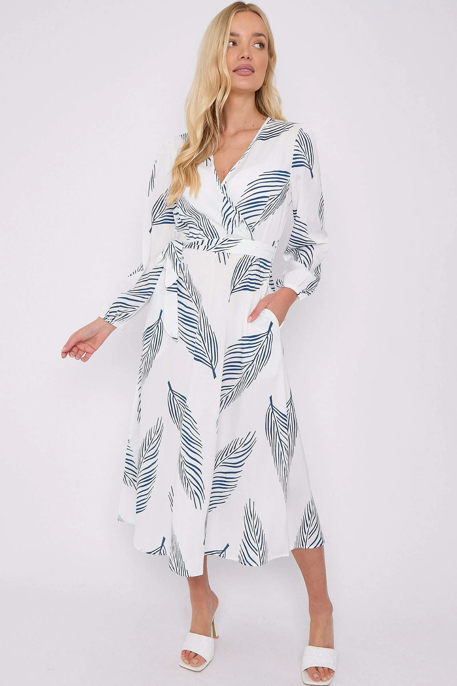 White Plam Leaf Printed V Neck Midi Dress by LOVE SUNSHINE sold by Goddiva product image thumbnail 3