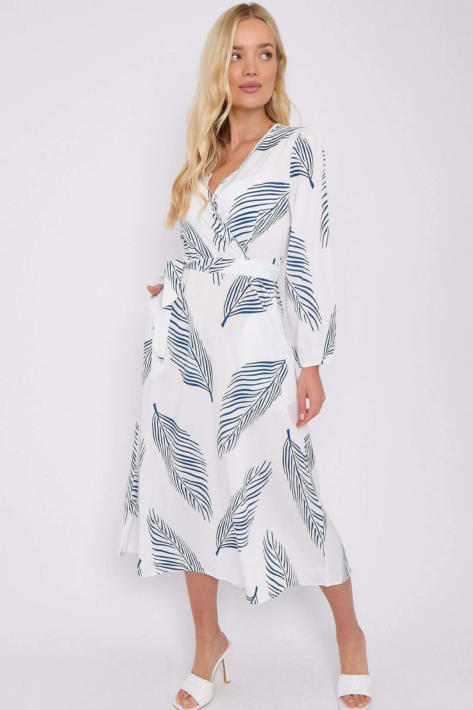 White Plam Leaf Printed V Neck Midi Dress by LOVE SUNSHINE sold by Goddiva product image thumbnail 4