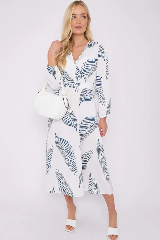 White Plam Leaf Printed V Neck Midi Dress by LOVE SUNSHINE sold by Goddiva
