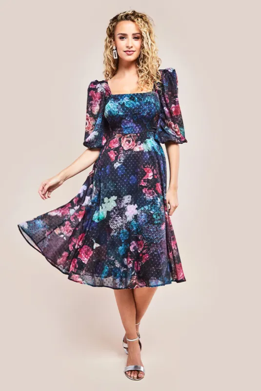 Goddiva Puff Sleeve Shirred Back Midi Dress - Black sold by Goddiva