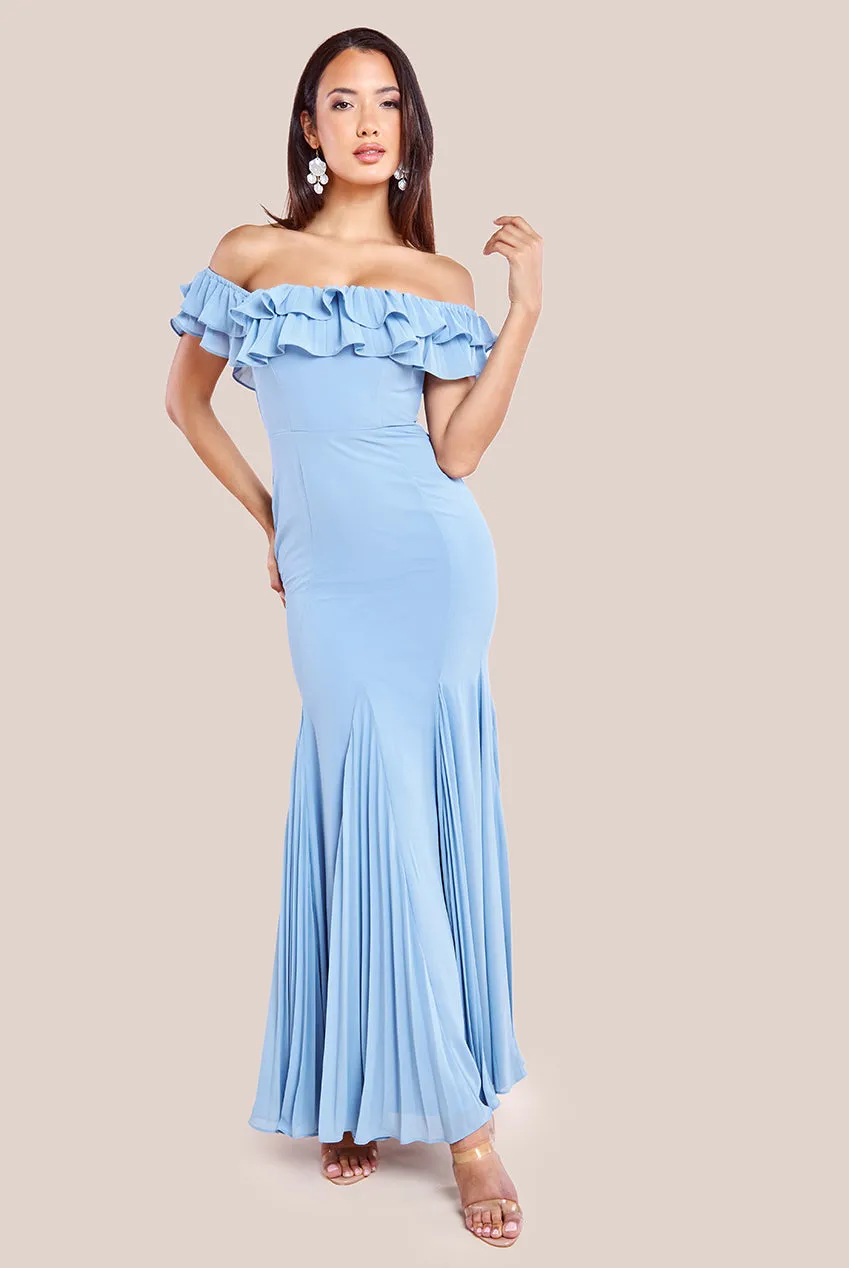 Frilled Off The Shoulder Pleated Chiffon Maxi Dress - Dusky Blue by Goddiva sold by Goddiva product image thumbnail 3