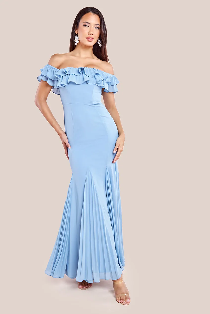 Frilled Off The Shoulder Pleated Chiffon Maxi Dress - Dusky Blue by Goddiva sold by Goddiva