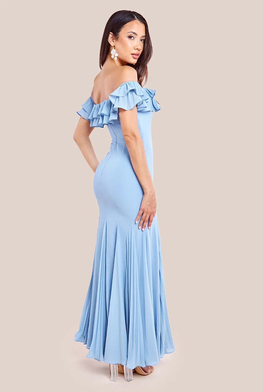 Frilled Off The Shoulder Pleated Chiffon Maxi Dress - Dusky Blue by Goddiva sold by Goddiva product image thumbnail 2
